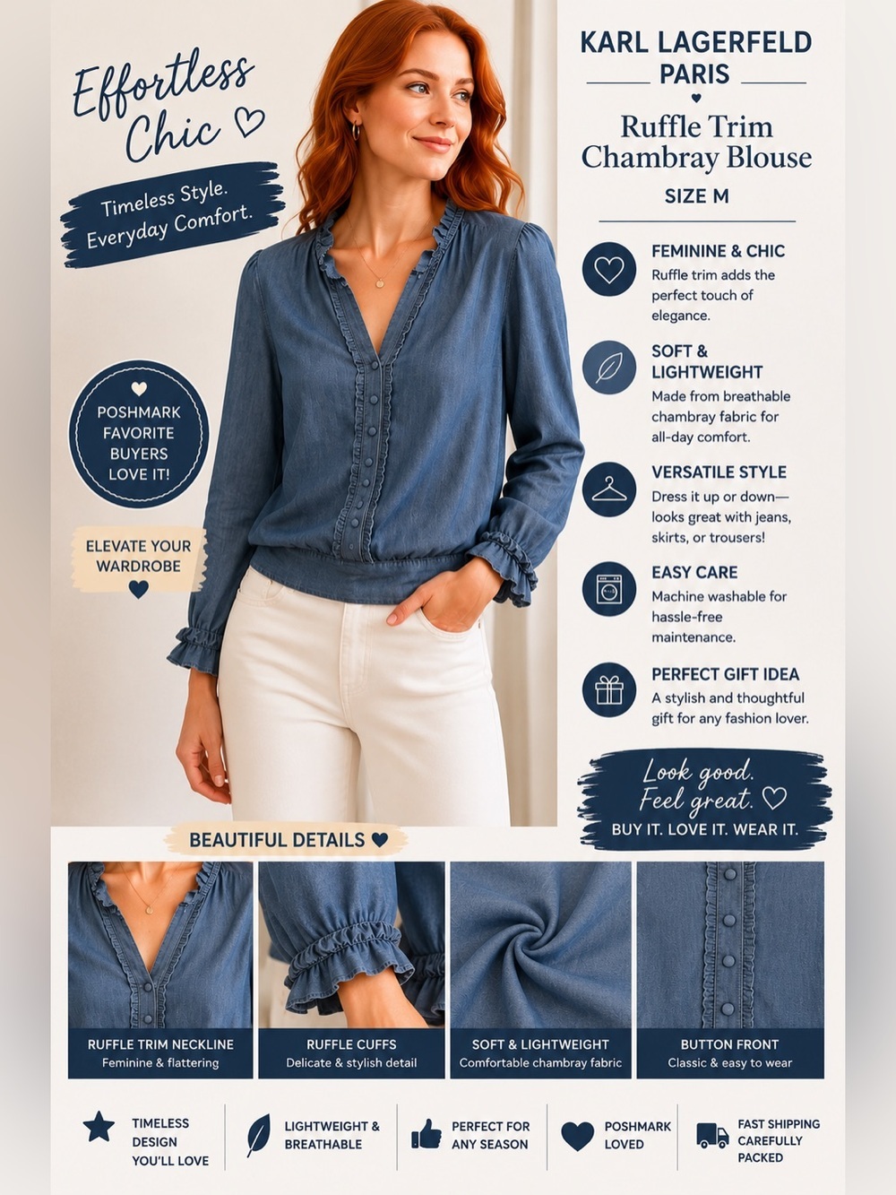 KARL LAGERFELD PARIS
Ruffle Trim Chambray Blouse Size M